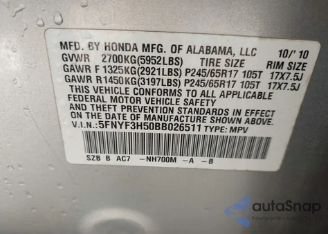 2011 Honda Pilot Ex-L z USA, uszkodzony, nr VIN 5FNYF3H50BB026511
